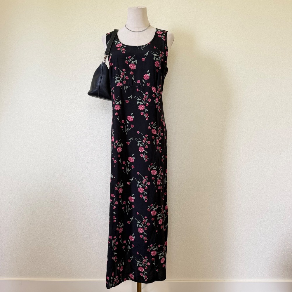 90s Vintage Girly Grunge Black Pink Floral Rayon Maxi Dress Tie Back Tea Length